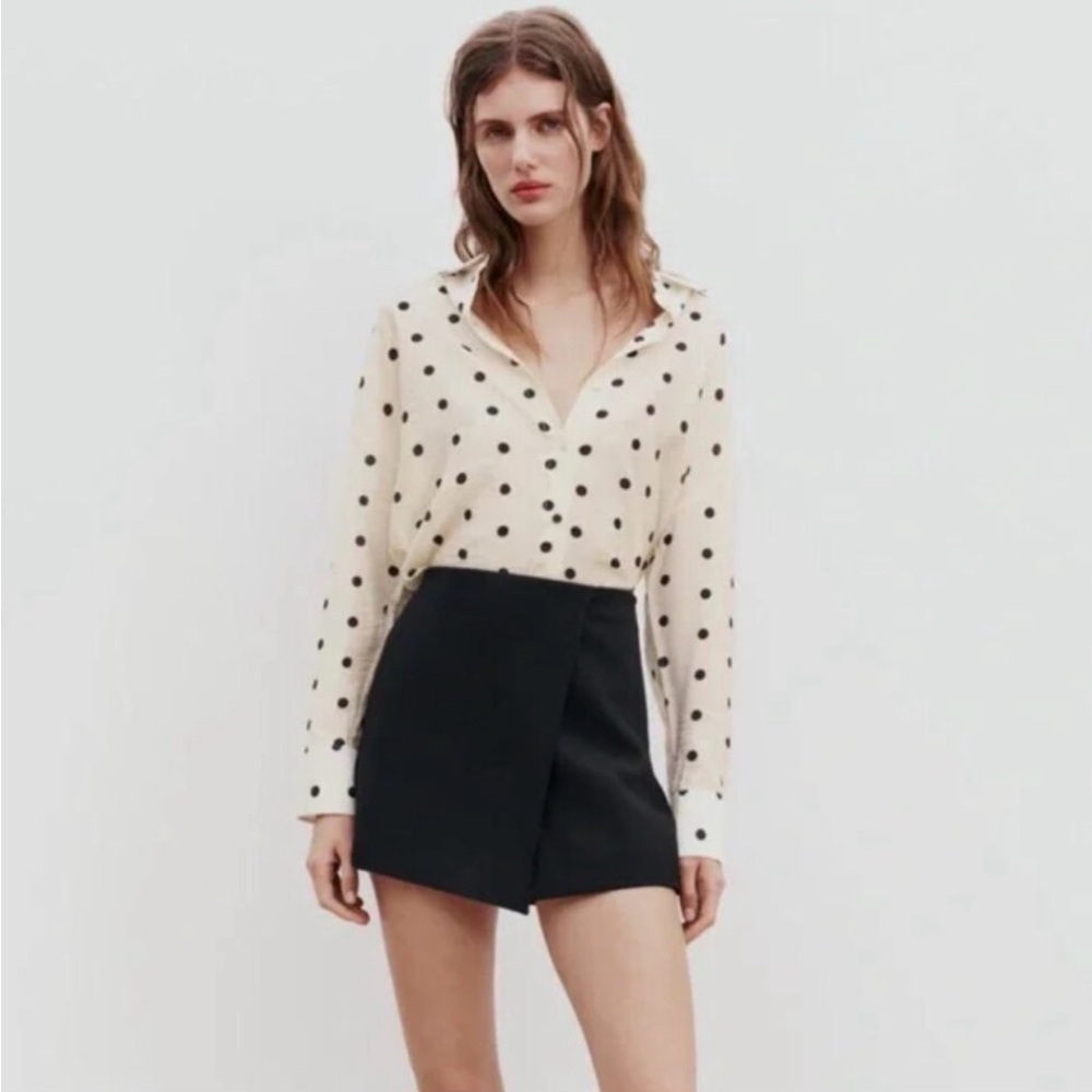 ZARA Dot Print Shirt Ecru/Black Size Medium